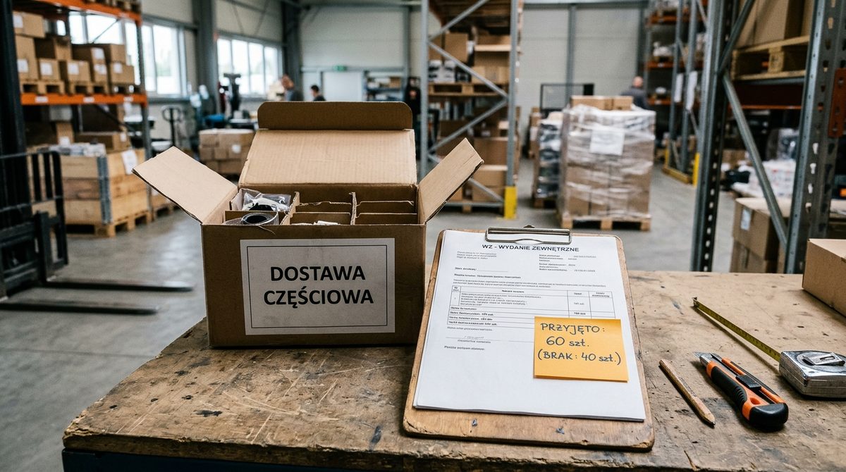 Karton z dostawą częściową i dokument WZ z karteczką: przyjęto 60 szt., brak 40 szt.