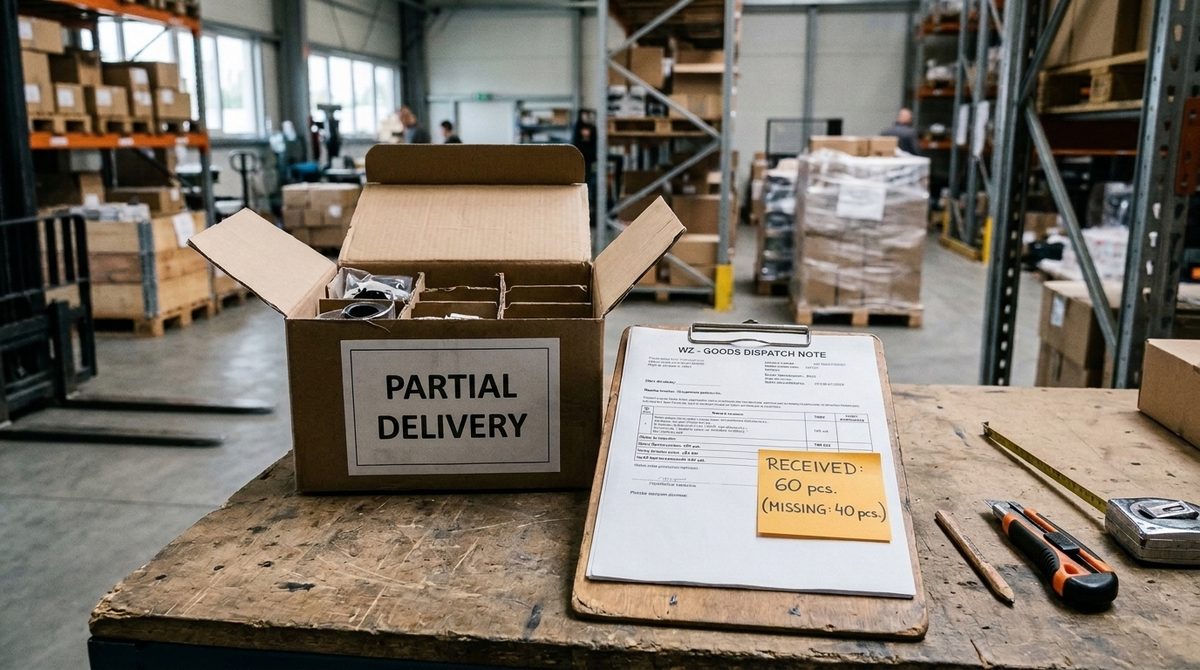 Box marked partial delivery and a WZ document with a note: received 60 pcs, missing 40 pcs